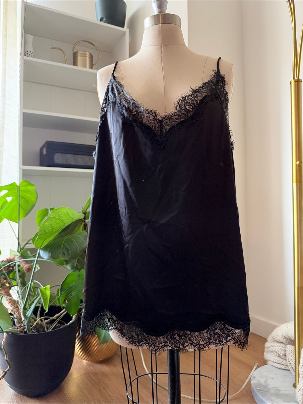 H&M Black Lace Trim Satin Chemise - Women Intimates & Sleepwear (L)